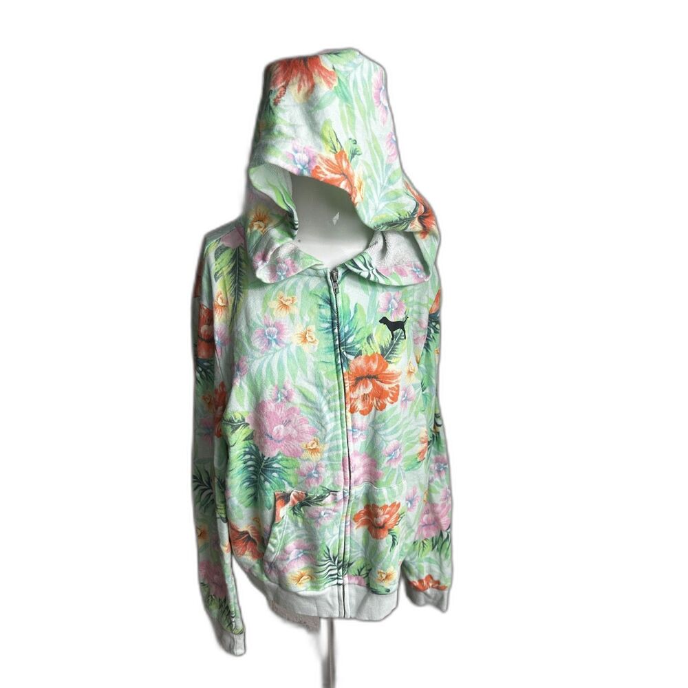 PINK Victoria's Secret Hoodie Full Zip Up Size L Floral Print Pockets EUC